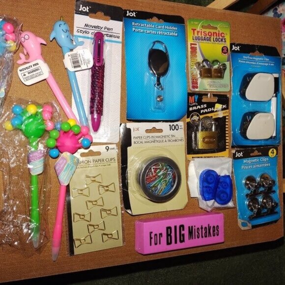 Office/Travel Supplies Mixed Lot W/Novelty Pens Clips Locks & Eraser Magnets-NEW - Picture 1 of 4